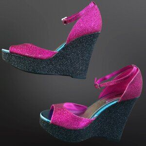 Y2K Pink Black Glitter Platform Wedge Chunky Heels Size 9 Mcbling Going Out